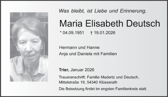 Traueranzeige von Maria Elisabeth Deutsch von trierischer_volksfreund