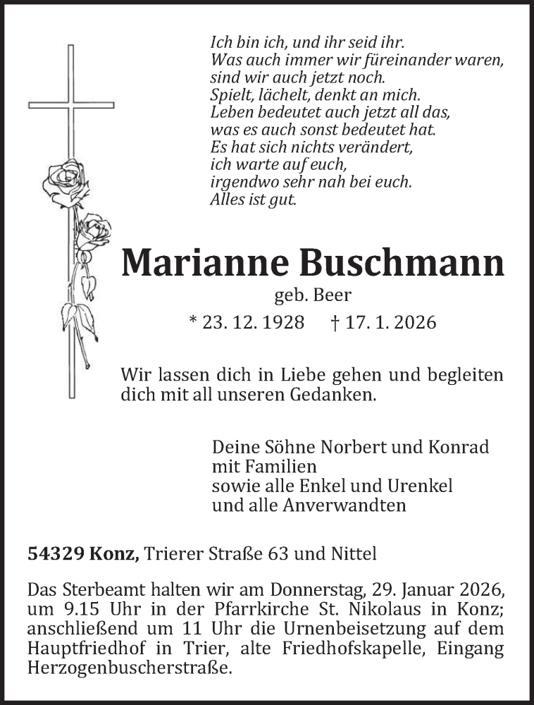  Traueranzeige für Marianne Buschmann vom 24.01.2026 aus trierischer_volksfreund