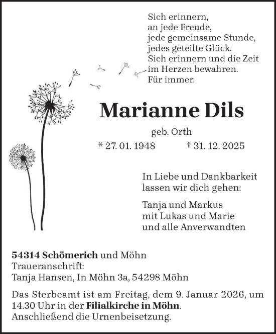 Traueranzeige von Marianne Dils von trierischer_volksfreund