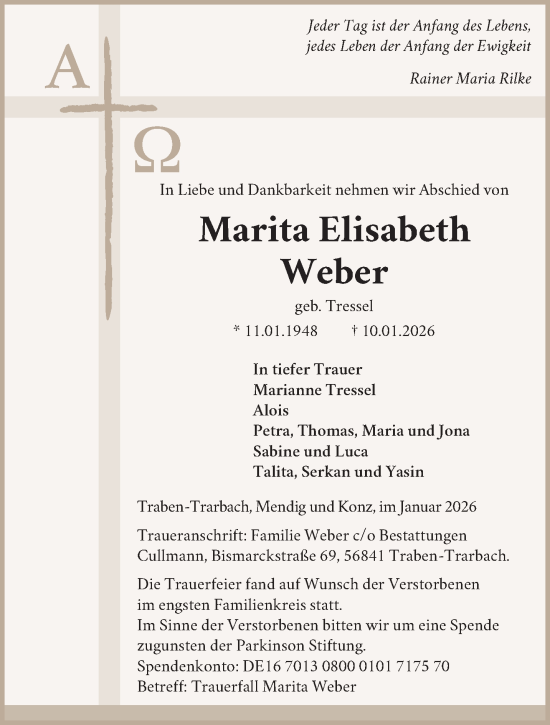 Traueranzeige von Marita Elisabeth Weber von trierischer_volksfreund