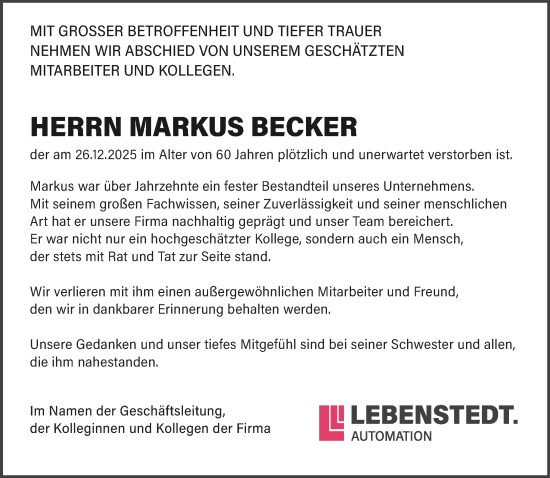 Traueranzeige von Markus Becker von trierischer_volksfreund