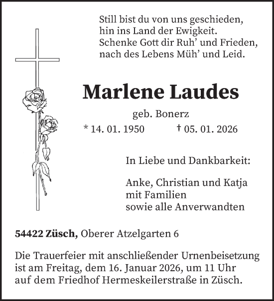 Traueranzeige von Marlene Laudes von trierischer_volksfreund