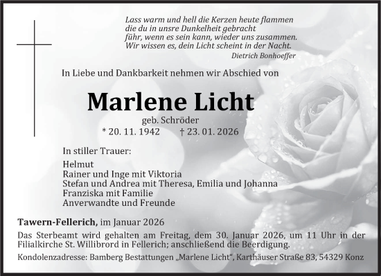 Traueranzeige von Marlene Licht von trierischer_volksfreund