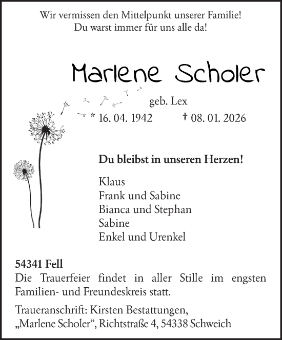 Traueranzeige von Marlene Scholer von trierischer_volksfreund