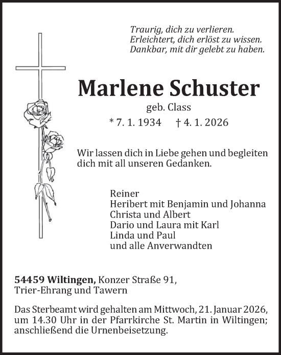 Traueranzeige von Marlene Schuster von trierischer_volksfreund