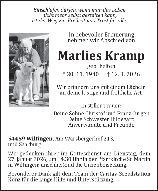 Traueranzeige von Marlies Kramp von trierischer_volksfreund