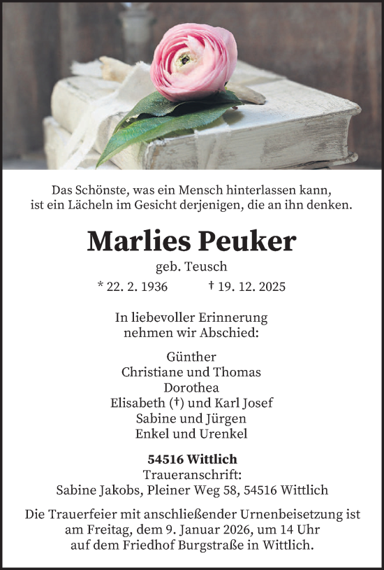 Traueranzeige von Marlies Peuker von trierischer_volksfreund