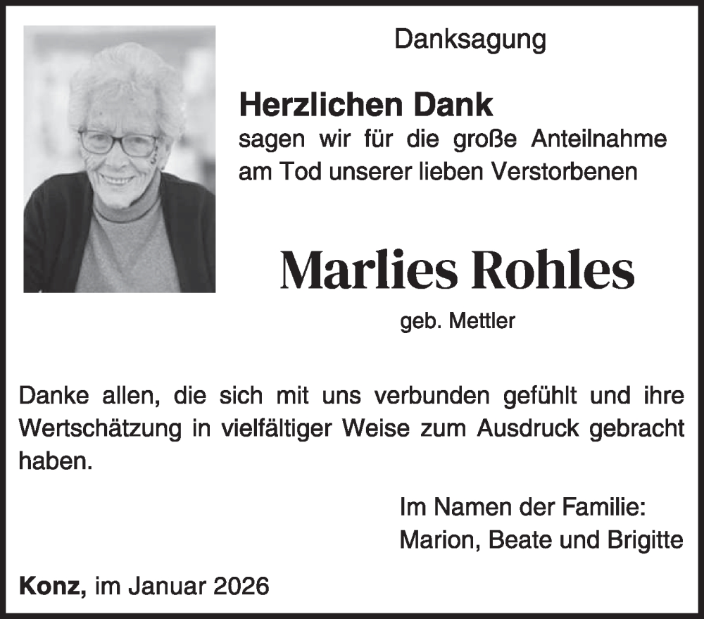  Traueranzeige für Marlies Rohles vom 10.01.2026 aus trierischer_volksfreund