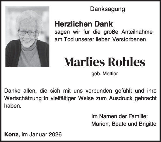 Traueranzeige von Marlies Rohles von trierischer_volksfreund