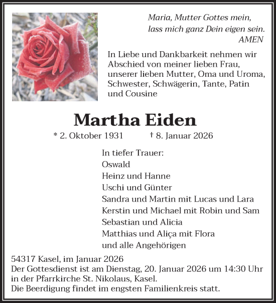 Traueranzeige von Martha Eiden von trierischer_volksfreund