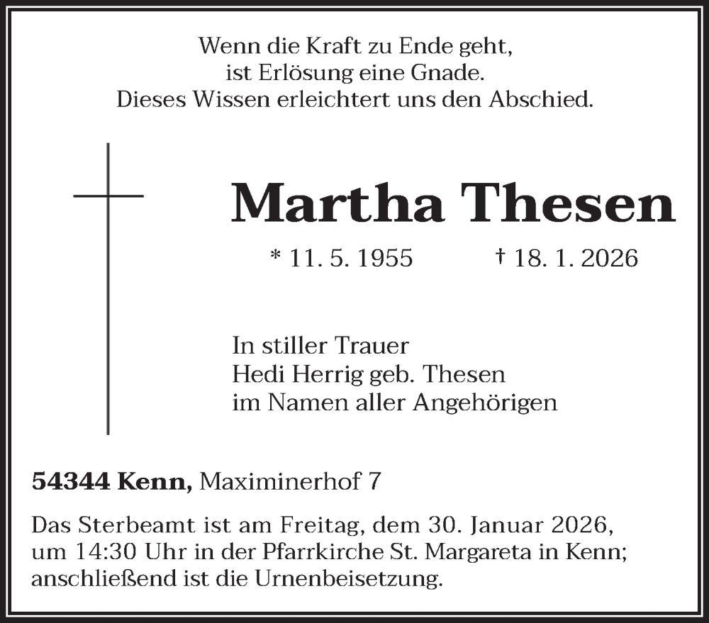  Traueranzeige für Martha Thesen vom 24.01.2026 aus trierischer_volksfreund