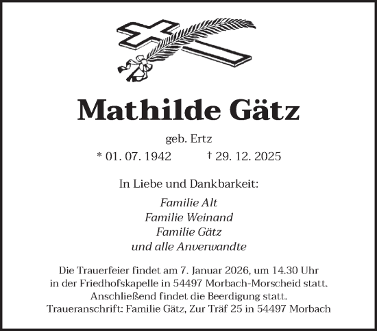 Traueranzeige von Mathilde Gätz von trierischer_volksfreund