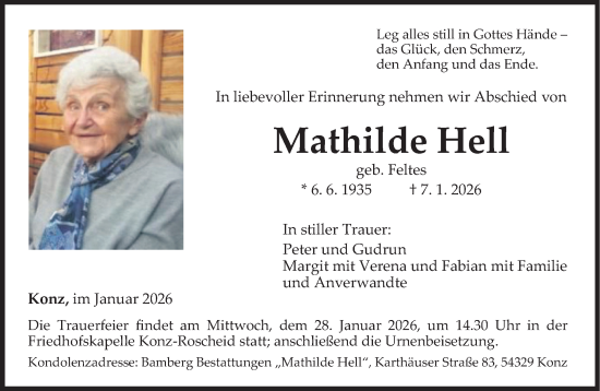 Traueranzeige von Mathilde Hell von trierischer_volksfreund