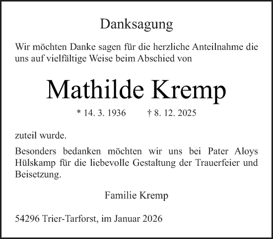 Traueranzeige von Mathilde Kremp von trierischer_volksfreund