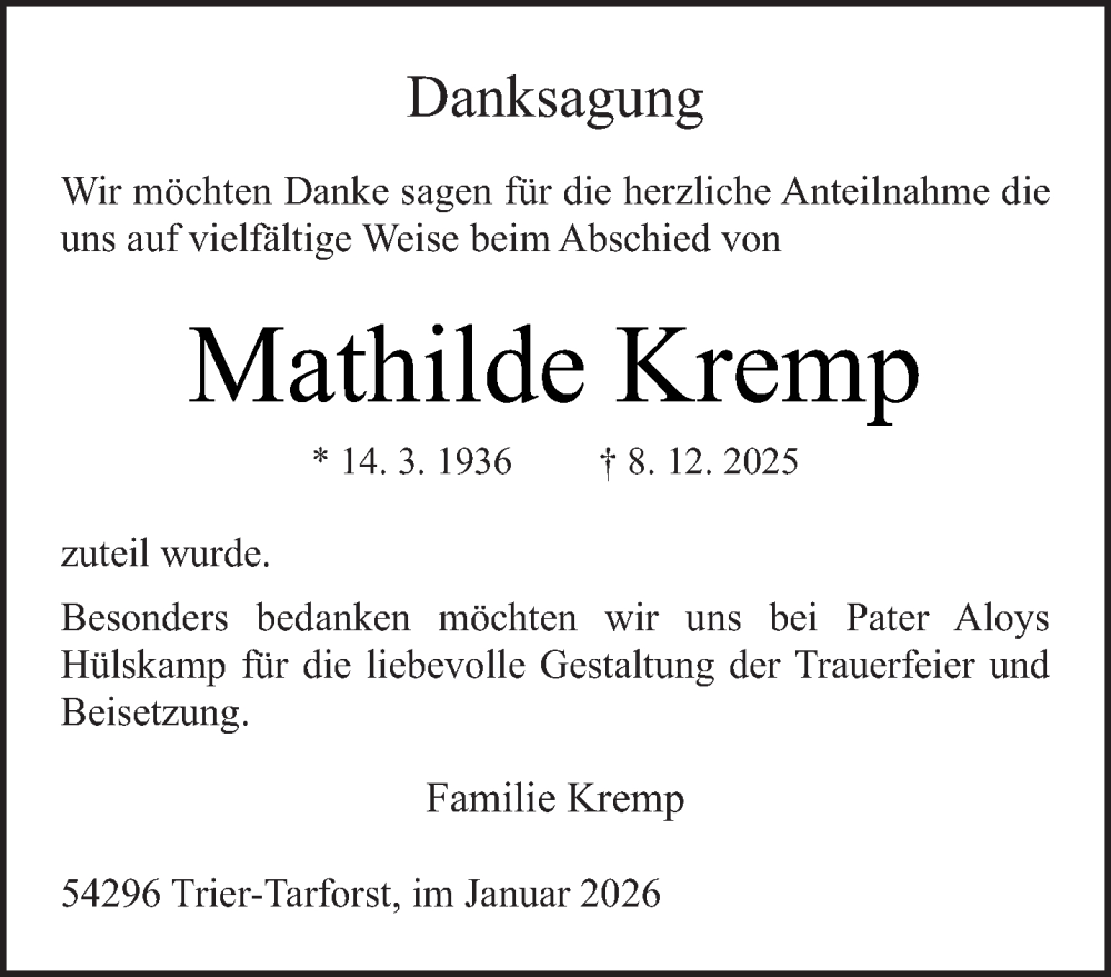  Traueranzeige für Mathilde Kremp vom 17.01.2026 aus trierischer_volksfreund