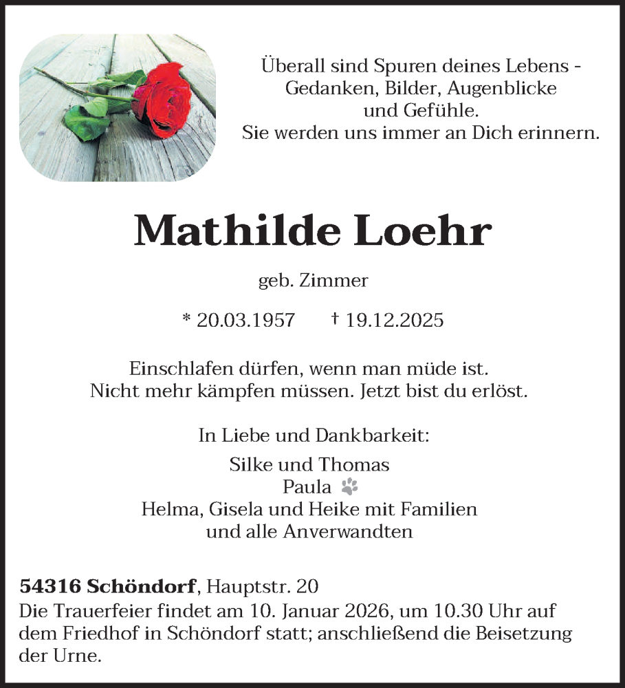 Traueranzeige für Mathilde Loehr vom 03.01.2026 aus trierischer_volksfreund