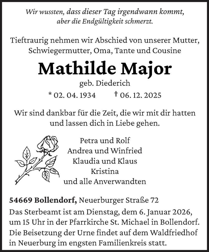  Traueranzeige für Mathilde Major vom 03.01.2026 aus trierischer_volksfreund