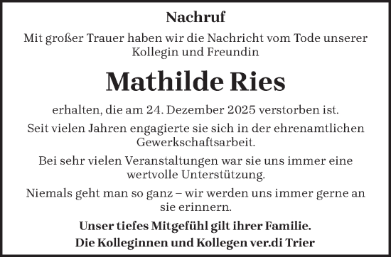 Traueranzeige von Mathilde Ries von trierischer_volksfreund