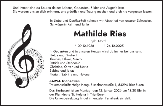 Traueranzeige von Mathilde Ries von trierischer_volksfreund