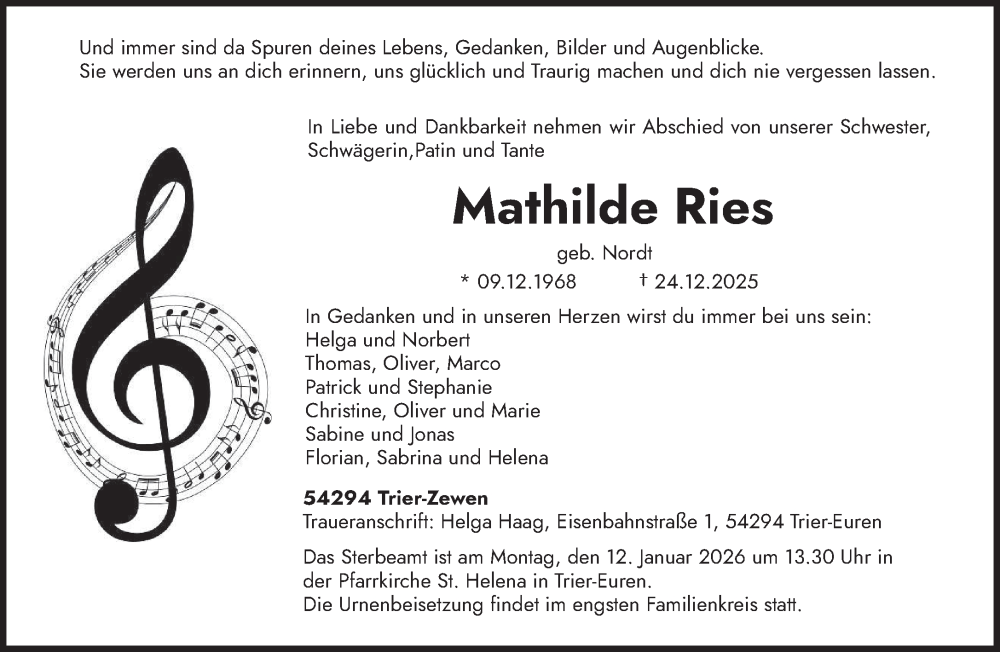  Traueranzeige für Mathilde Ries vom 07.01.2026 aus trierischer_volksfreund