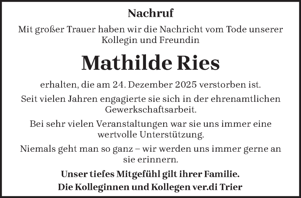  Traueranzeige für Mathilde Ries vom 07.01.2026 aus trierischer_volksfreund