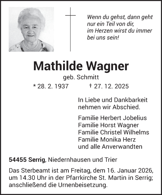 Traueranzeige von Mathilde Wagner von trierischer_volksfreund