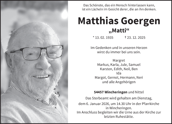 Traueranzeige von Matthias Goergen von trierischer_volksfreund