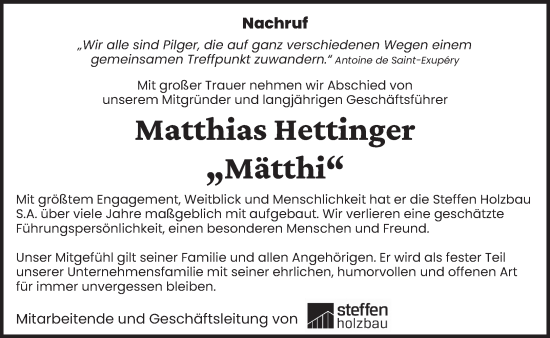 Traueranzeige von Matthias Hettinger von trierischer_volksfreund