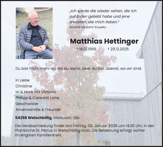 Traueranzeige von Matthias Hettinger von trierischer_volksfreund