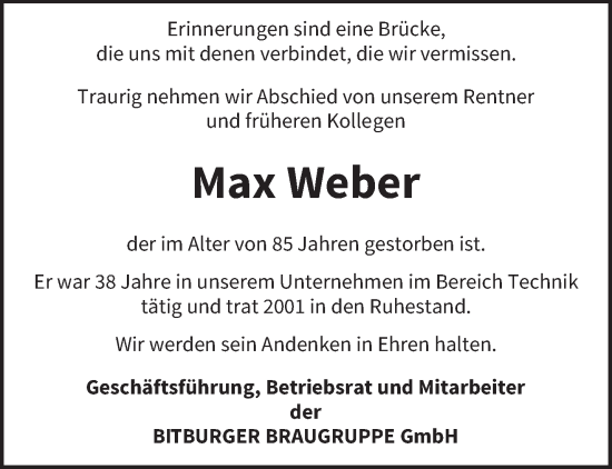 Traueranzeige von Max Weber von trierischer_volksfreund