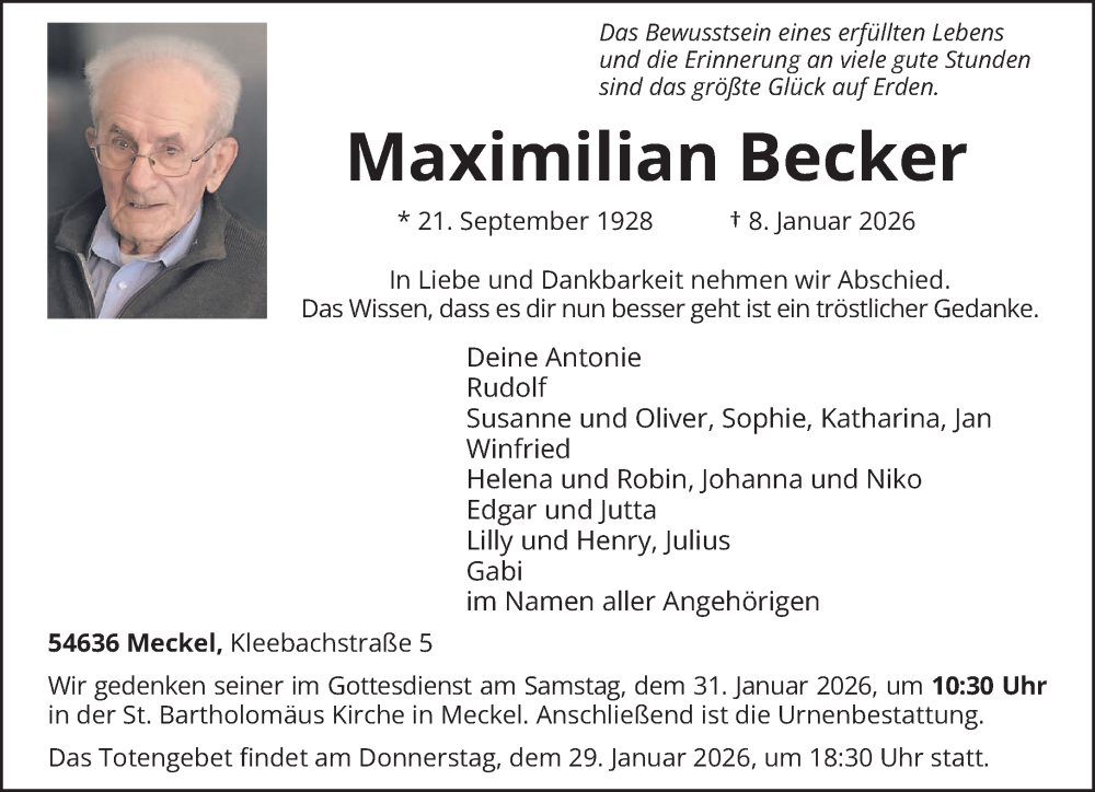  Traueranzeige für Maximilian Becker vom 17.01.2026 aus trierischer_volksfreund