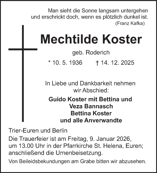 Traueranzeige von Mechtilde Koster von trierischer_volksfreund
