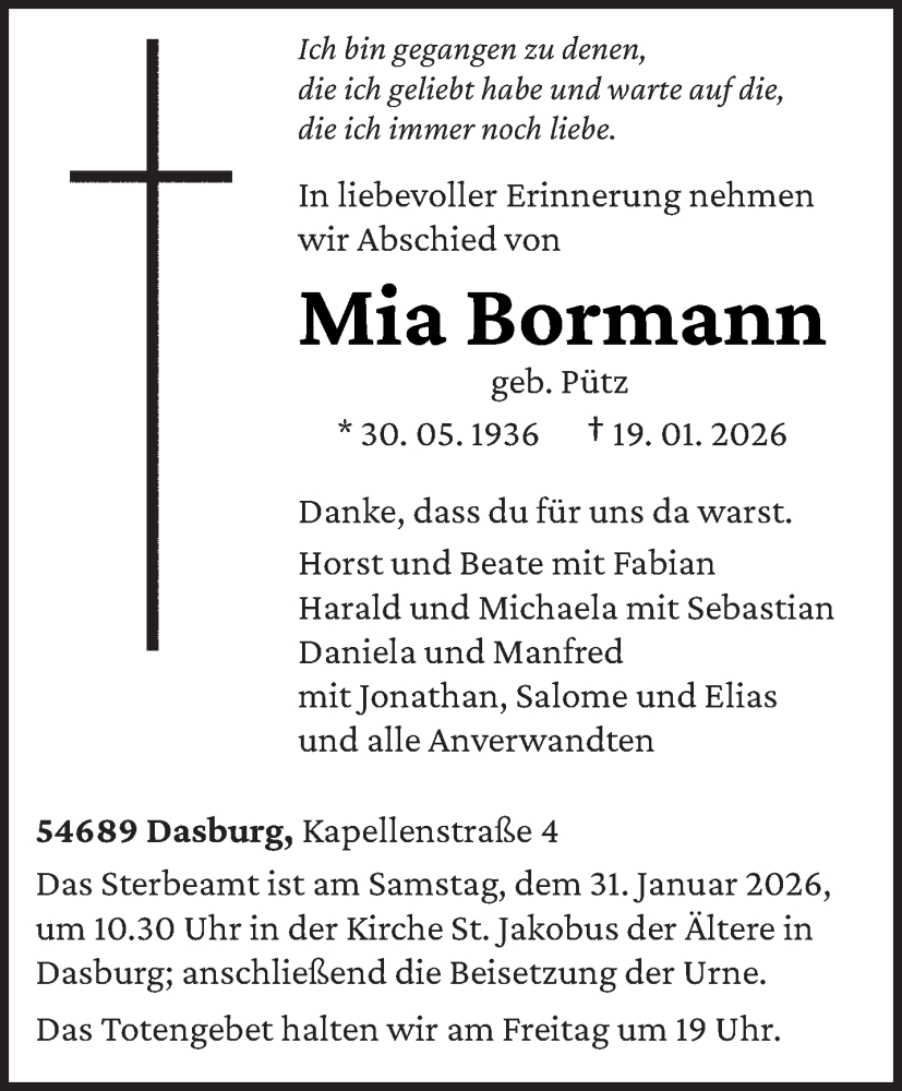  Traueranzeige für Mia Bormann vom 24.01.2026 aus trierischer_volksfreund