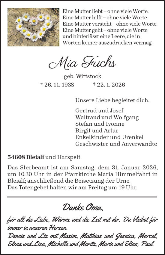 Traueranzeige von Mia Fuchs von trierischer_volksfreund