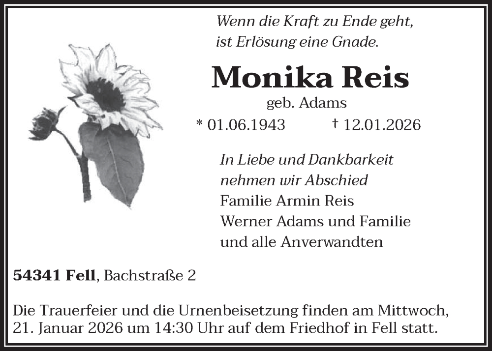  Traueranzeige für Monika Reis vom 17.01.2026 aus trierischer_volksfreund