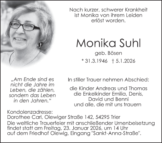 Traueranzeige von Monika Suhl von trierischer_volksfreund