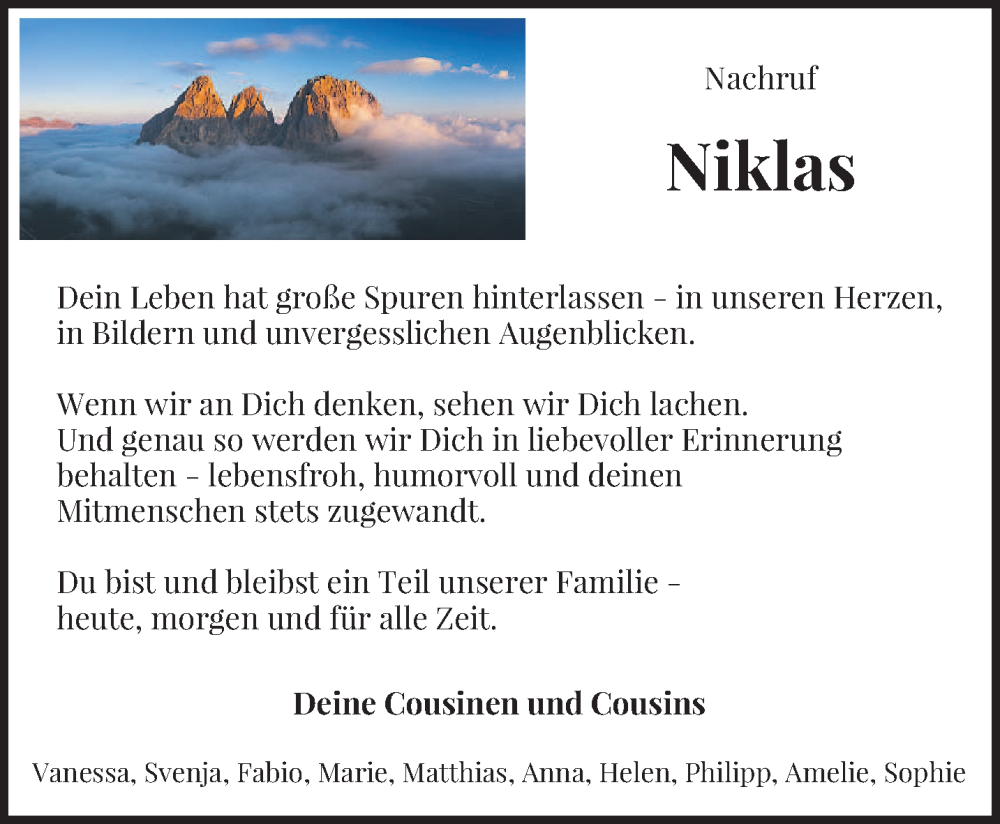  Traueranzeige für Niklas Burg vom 10.01.2026 aus trierischer_volksfreund