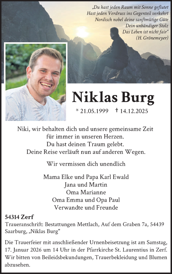 Traueranzeige von Niklas Burg von trierischer_volksfreund