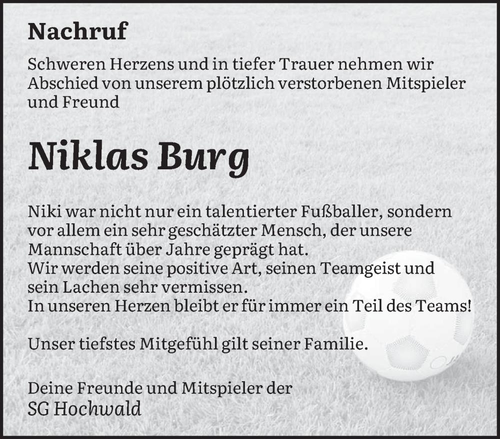  Traueranzeige für Niklas Burg vom 10.01.2026 aus trierischer_volksfreund