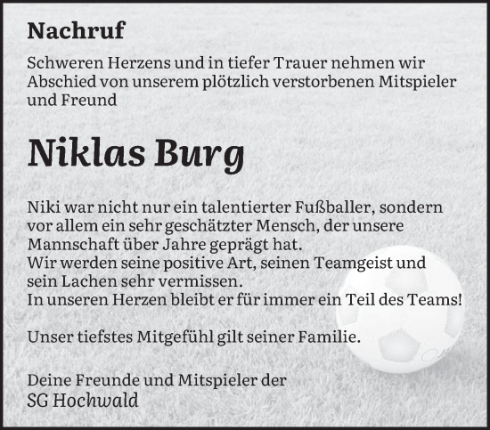 Traueranzeige von Niklas Burg von trierischer_volksfreund