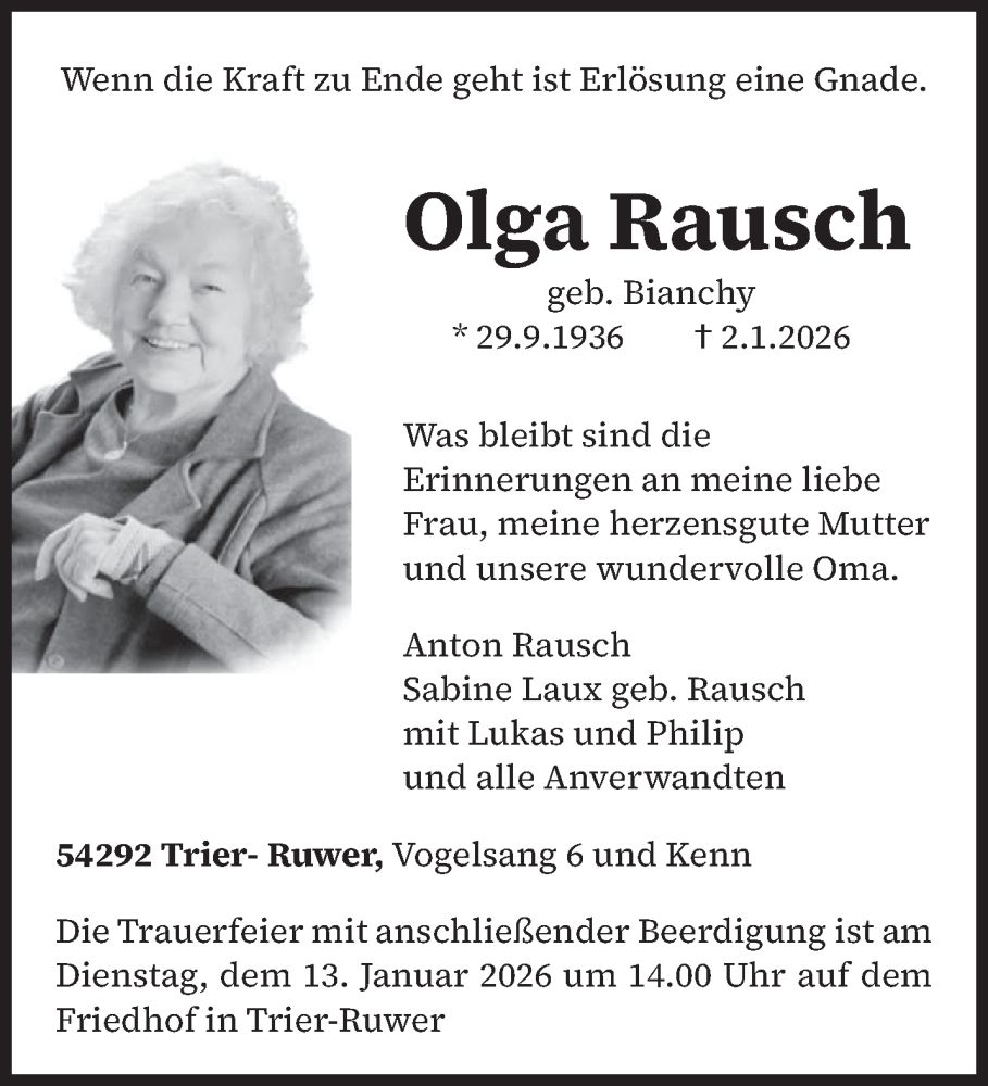  Traueranzeige für Olga Rausch vom 10.01.2026 aus trierischer_volksfreund