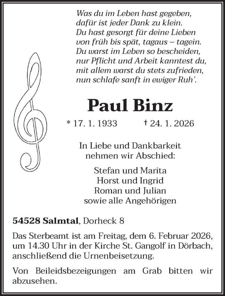  Traueranzeige für Paul Binz vom 31.01.2026 aus trierischer_volksfreund