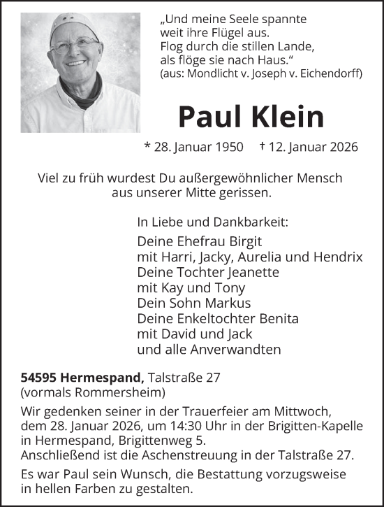 Traueranzeige von Paul Klein von trierischer_volksfreund