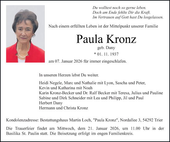 Traueranzeige von Paula Kronz von trierischer_volksfreund