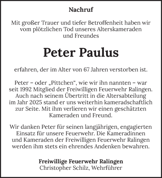 Traueranzeige von Peter Paulus von trierischer_volksfreund