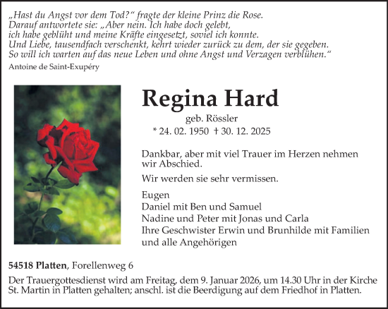 Traueranzeige von Regina Hard von trierischer_volksfreund