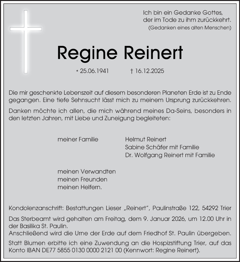  Traueranzeige für Regine Reinert vom 03.01.2026 aus trierischer_volksfreund