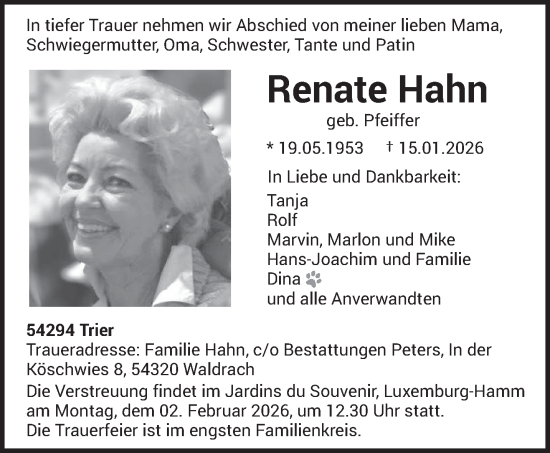 Traueranzeige von Renate Hahn von trierischer_volksfreund
