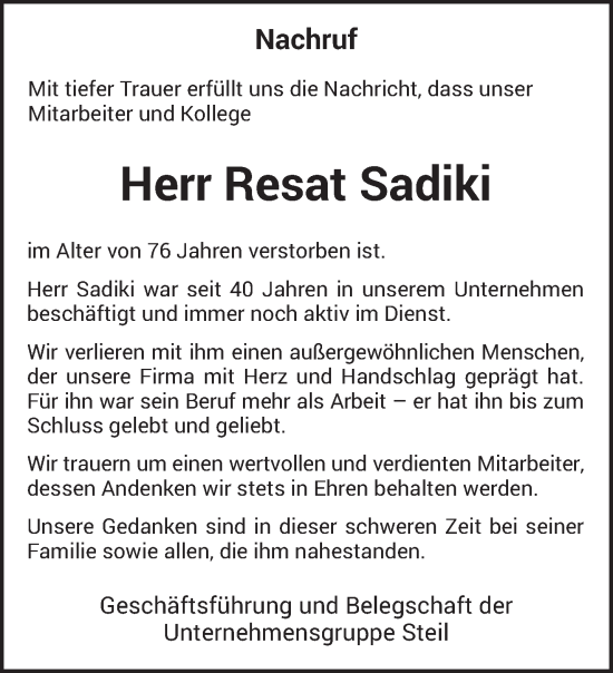 Traueranzeige von Resat Sadiki von trierischer_volksfreund
