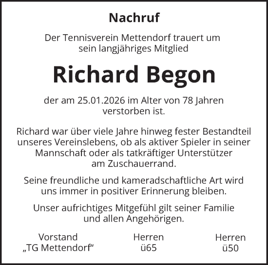 Traueranzeige von Richard Begon von trierischer_volksfreund
